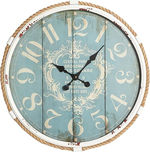 Deco 79 Metal Decorative Wall Clock Wall Clock for Home with Rope accent, Wall Clock for Room 25" x 2" x 25", Blue