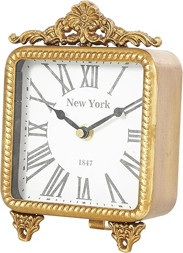 Deco 79 Metal Scroll Decorative Clock Antique Style Mantel Clock, Tabletop Clock 6" x 3" x 8", Gold