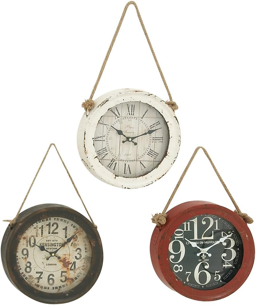 Deco 79 Metal Wall Clock with Rope accents, Set of 3 11"D, White