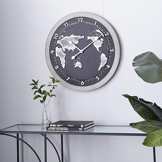 Deco 79 Metal World Map Wall Clock, 25" x 2" x 25", Black