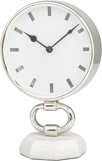 Deco 79 Stainless Steel Clock with Marble Base, 6" x 4" x 10", Silver