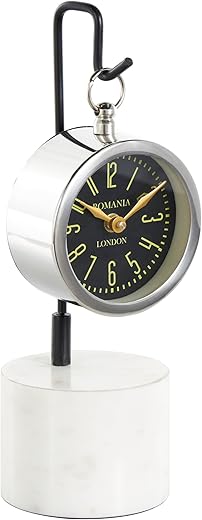 Deco 79 Stainless Steel Metal Suspended Tabletop Clock with Black and White Stand, 4 x 4 x 12, Silver