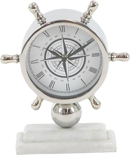 Deco 79 Stainless Steel Ship Wheel Clock with Marble Base, 9" x 3" x 8", Silver