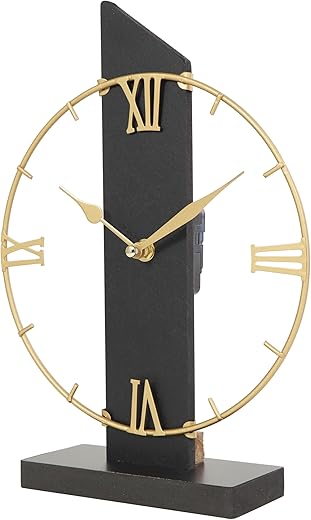 Deco 79 Wooden Abstract Decorative Clock Mantel Clock with Angled Post Backing, Tabletop Clock 9 x 3 x 12, Black