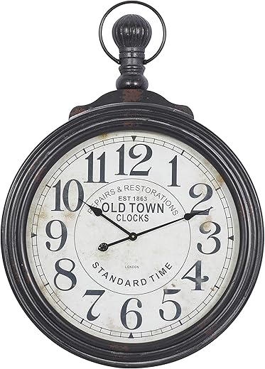 Deco 79 Wooden Decorative Wall Clock Distressed Pocket Watch Style Wall Clock for Home with Beige Clockface, Wall Clock for Room 28 x 3 x 39, Brown