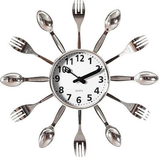 Decorative 3D Cutlery Utensil Spoon and Fork Wall Clock for Kitchen, Playroom or Bedroom, Silver