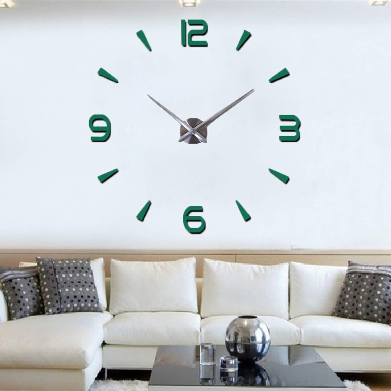 Decorative 3D DIY Wall Clock Decor Sticker Mirror Frameless Large DIY Wall Clock Kit for Home Living Room Bedroom Office Decoration (Green)