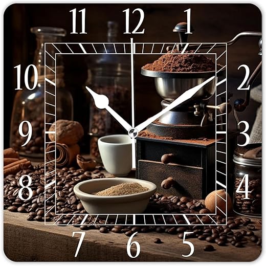 Decorative Wall Clock 10 Inch Silent Square Clocks for Home Living Room Kitchen,Coffee Cup Beans Grinder Picture