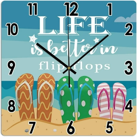 Decorative Wall Clock Life Is Better In Flip Flops Pvc Wall Clocks Vintage Country Style Summer Beach Square Clocks Rustic Farmhouse Hanging Wall Clocks For Bathroom Bedroom 10X10In