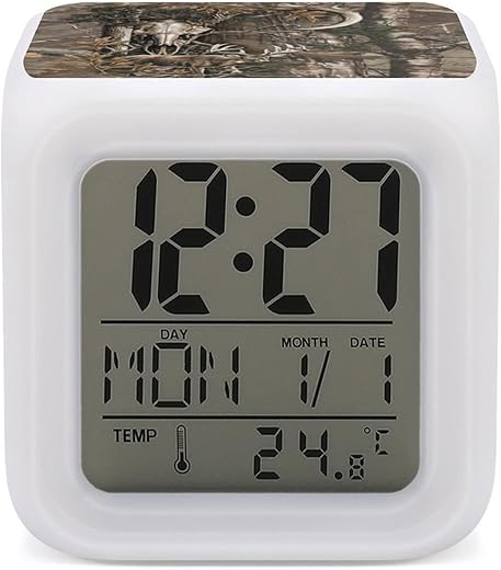 Deer Hunting Camo Buffalo Skull Alarm Clock Color Change LED Night Light Glowing Cube Digital Clock for Gift