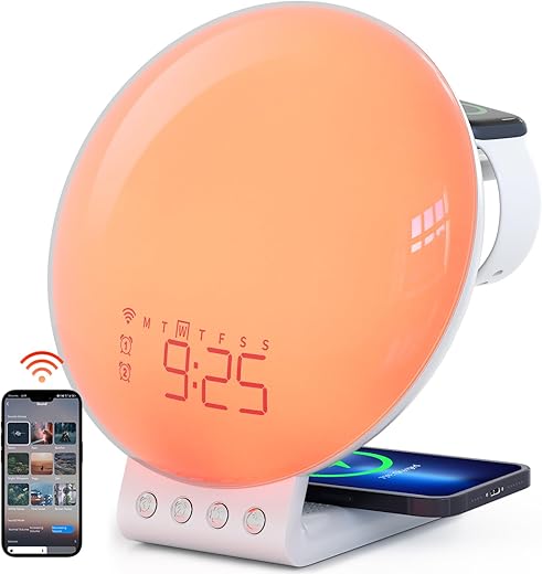 Dekala Smart Sunrise Alarm Clock with Wireless Charging for iPhone 14 13 12 Apple Watch AirPods Samsung, White Noise Sleep Sounds Machine, Nursery Night Light for heavy sleeper kid Touch & App Control