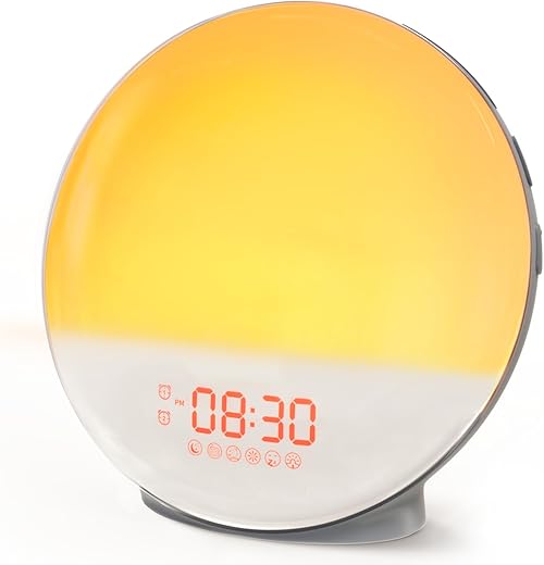 Dekala Sunrise Alarm Clock for Heavy Sleepers, Wake Up Light with Sunrise/Sunset Simulation, Dual Alarms & Natural Sounds, Snooze & FM Radio, 7 Colors Night Lights for Bedroom, Ideal for Gift, Grey