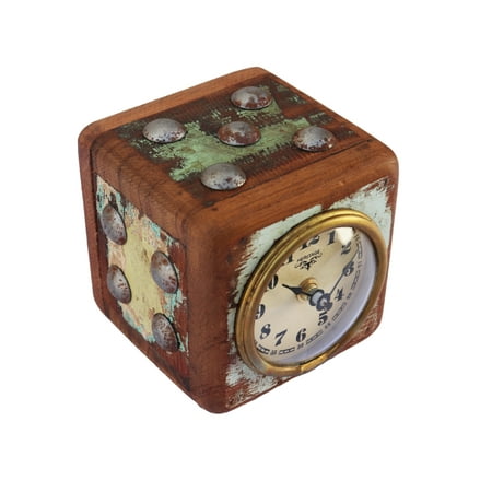 De Kulture Works Handcrafted Reclaimed Wood Dice Vintage Table Clock Collectible Timepieces, 12 CMS Diameter