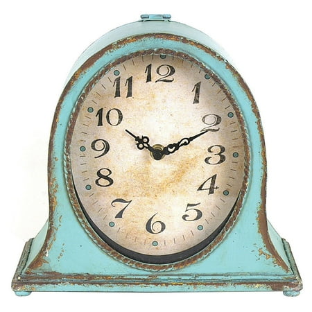 Desert Fields 9.5 x 8.5 Antique Style Metal Mantel Clock in Distressed Aqua Finish