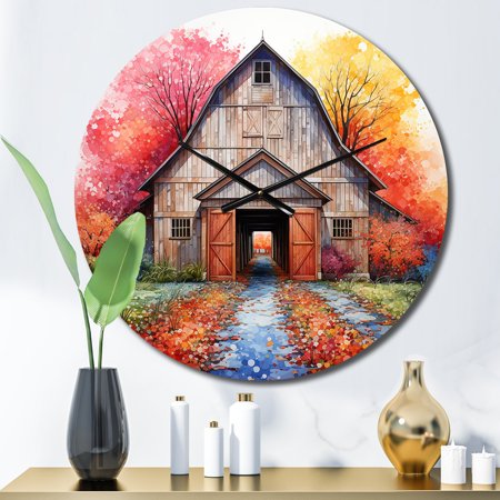 Designart Barn consistency Pointillism I Countryside Oversized Wall Clock