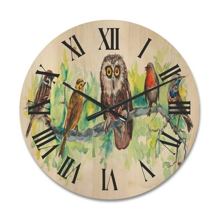 Designart 'Bird Friends With Owl On A Branch' Traditional Wood Wall Clock