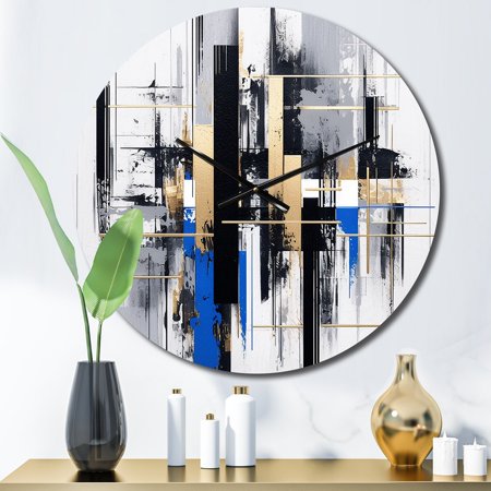 Designart Bold Stripes in Blue and Gold II Cubism Oversized Wall Clock