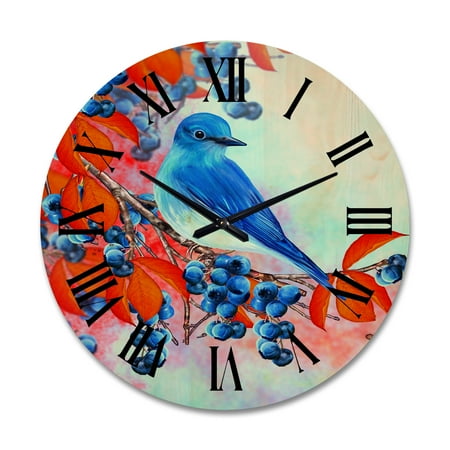 Designart 'Bright Bird Bullfinch Sitting On A Branch of Berries III' Traditional Wood Wall Clock