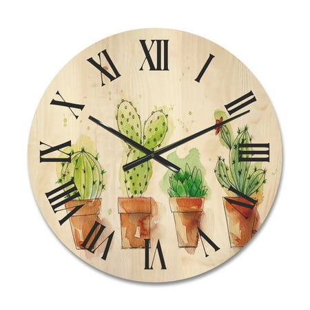 Designart 'Cacti In Gentle Tones In Ceramic Pots I' Traditional Wood Wall Clock