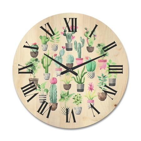 Designart 'Cactus In Ceramic Pots In Gentle Tones II' Traditional Wood Wall Clock