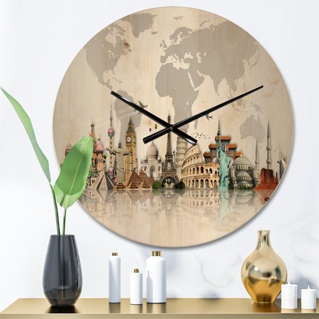 DESIGN ART Designart 'Famous Monuments Across World' Modern Wood Wall Clock 23 In. Wide x 23 In. High