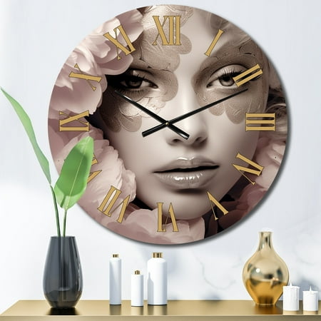 DESIGN ART Designart Portrait O Pink Vintage Glamour Model Fashion Woman Oversized Wall Clock 16 In. Wide x 16 In. High