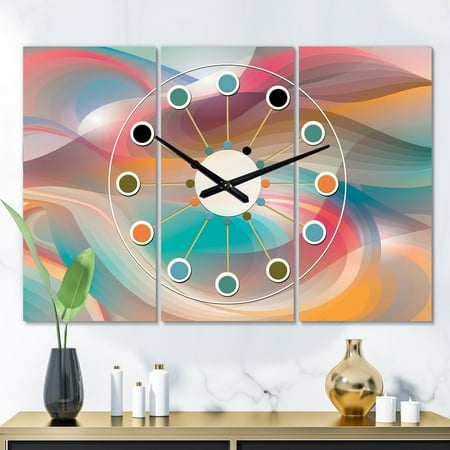 DESIGN ART Designart 'Retro Shining Colour Waves' Oversized Mid-Century wall clock - 3 Panels - 36 in. wide x 28 in. high - 3 Panels