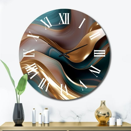 DESIGN ART Designart Tender Wave Harmony Liquid Gold And Turquoise Abstract Shapes Oversized Wall Clock 36 In. Wide x 36 In. High