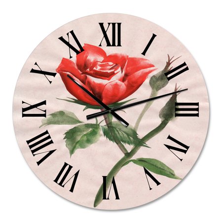 DESIGN ART Designart 'Vintage Red Rose Flower II' Traditional wall clock 16 In. Wide x 16 In. High