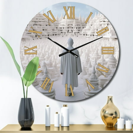 DESIGN ART Designart White Buddha Temple Meditation II Buddhism Oversized Wall Clock 16 In. Wide x 16 In. High