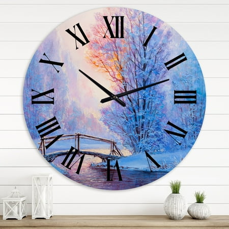 DESIGN ART Designart 'Winter Landscape With A River and A Bridge' Lake House wall clock 36 In. Wide x 36 In. High