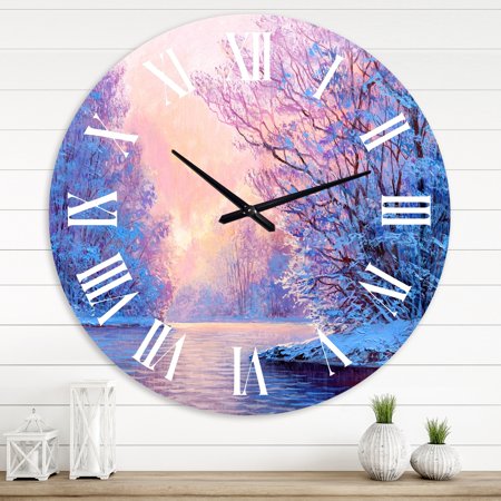 DESIGN ART Designart 'Winter Landscape With The RiverOriginal' Lake House wall clock 36 In. Wide x 36 In. High