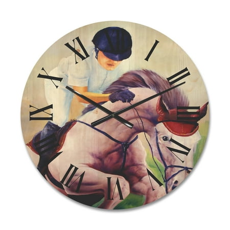 Designart 'Jockey On Galoping Pink Horse' Farmhouse Wood Wall Clock