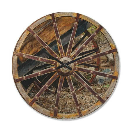 Designart 'Vintage Cottage Wood Cart Wheel ' Rustic Wood Wall Clock