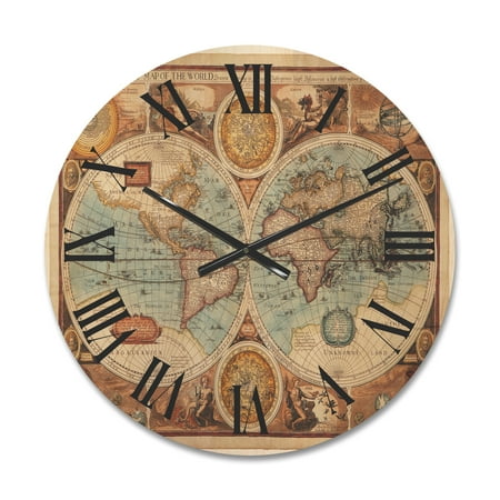 Designart 'Vintage Map of The World VIII' Vintage Wood Wall Clock