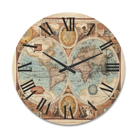 Designart 'Vintage Map of The World VIII' Vintage Wood Wall Clock