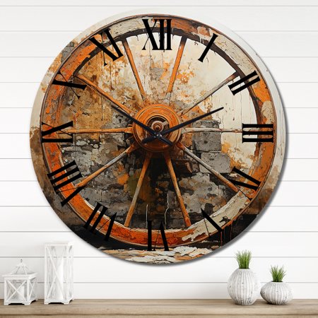 Designart Wheels of Time The Old Cart in Orange III Transportation Oversized Wall Clock