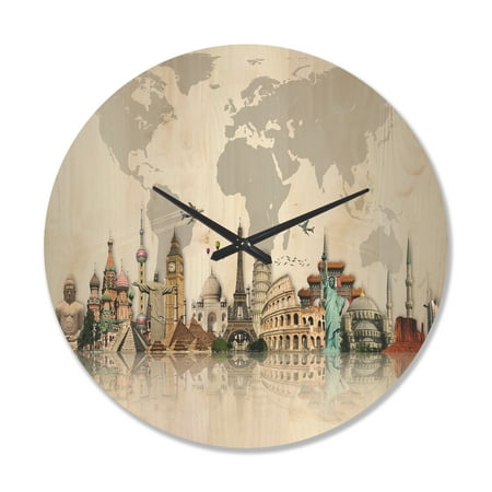 Designart 'World Famous Monuments' Modern Wood Wall Clock