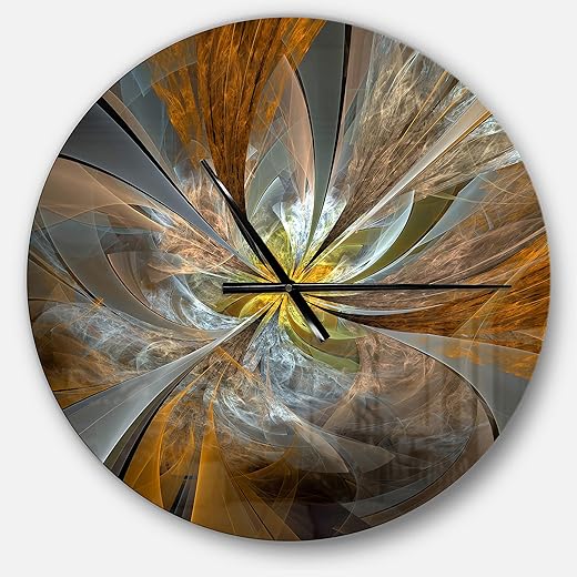 Design Art Yellow Fractal Flower Modern Metal Wall Clock, Large 36 inches, Oversized Decorative Clock for Living Room Office Decoration