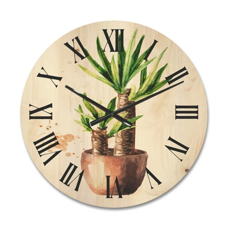 Designart 'Yucca Tree In The Ceramic Flower Pot On White' Traditional Wood Wall Clock