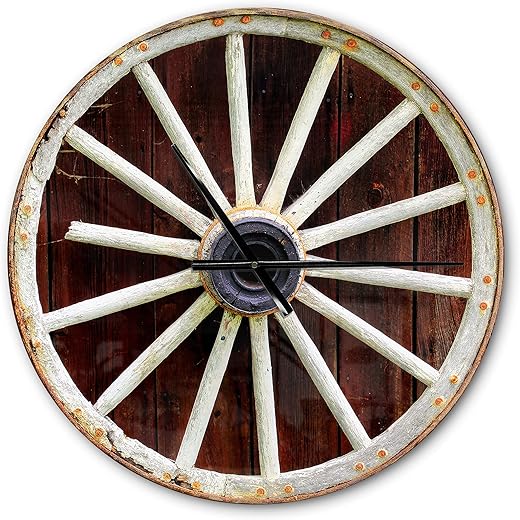 DesignQ Farmhouse Wall Clock 'Country Wagon Wheel on Wooden Wall Clock' Cottage Large Wall Clock for Living Room Decor