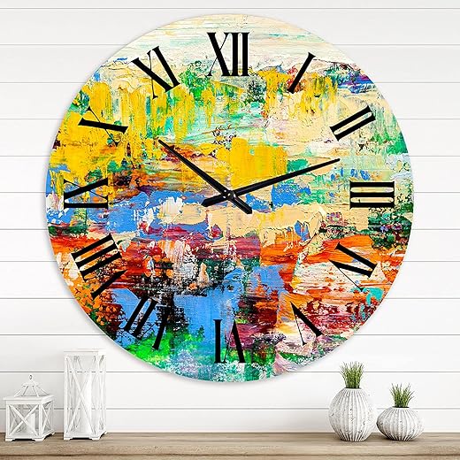 DesignQ Modern Wall Clock 'Abstract Art Multicolored Bright Texture I' Abstract & Fractals Large Wall Clock for Home Decor