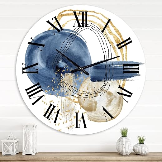 DesignQ Modern Wall Clock 'Abstract Dark Blue Gold & Black Underwater Life' Abstract & Fractals Large Wall Clock for Kitchen Decor