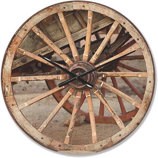 DesignQ 'Spanish Wooden Country Wagon Wheel ' Farmhouse Wood Wall Clock Large Decorative Cottage/Country Wall Clock Oversized Wood Clocks for Living Room Décor