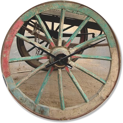 DesignQ 'Turquoise Cottage Wagon Wheel Clock' Farmhouse Wood Wall Clock Large Decorative Cottage/Country Wall Clock Oversized Wood Clocks for Living Room Décor