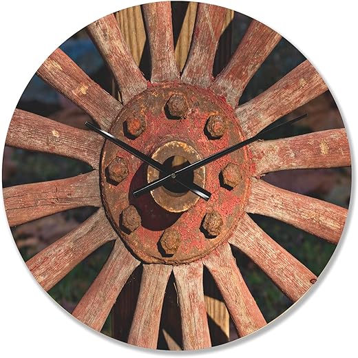 DesignQ 'Vintage Red Metal Country Wagon Wheel ' Farmhouse Wood Wall Clock Large Decorative Cottage/Country Wall Clock Oversized Wood Clocks for Living Room Décor