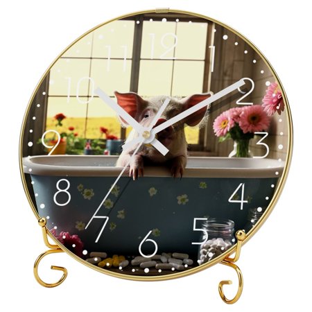 Desk Clock, Decorative Table Clock, Wall Clock, Vintage Silent Analog Clock, Battery Operated Table Top Clock for Living Room Decor, Farmhouse Animal Bathing Pig Lovely Flowers