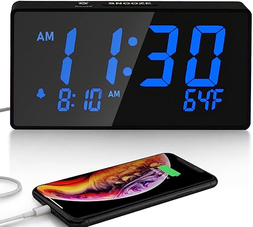 Desk Digital Alarm Clock for Bedroom, Blue 6" LED Display, with USB Port for Charging, 0-100% Brightness Dimmer, Temperature, Snooze, Adjustable Alarm Volume，Small Bedside Clocks.