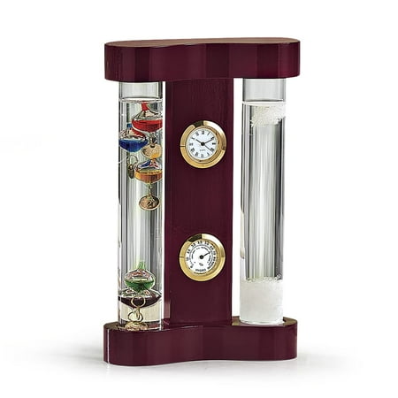 Desktop Combo Weather Station | Galileo Thermometer | Precision Quartz Clock | Analog Hygrometer | Fitzroy Storm Glass | Gift for at-Home Meteorologist | Cherry Wood | 7” Tall