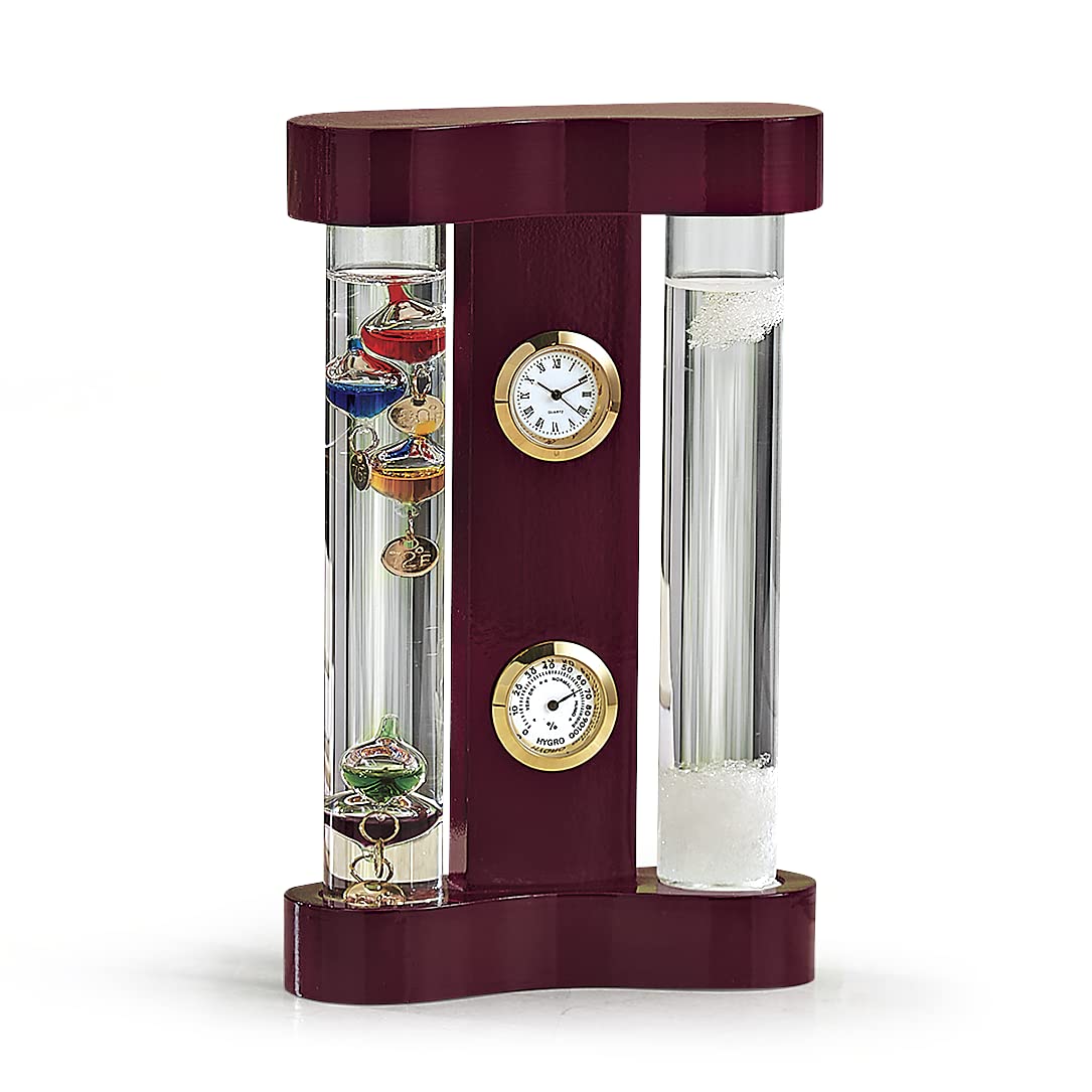 Desktop Combo Weather Station | Galileo Thermometer | Precision Quartz Clock | Analog Hygrometer | Fitzroy Storm Glass | Gift for at-Home Meteorologist | Cherry Wood | 7” Tall